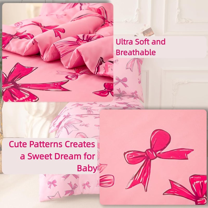 SDIII 4 Piece Pink Bow Girl Toddler Bedding Set, Cute Bowknot Princess Toddler Bedding Set with Comforter, Fitted Sheet, Flat Sheet and Pillowcase - Image 4
